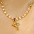 Minos New Fashion Cross Charm Necklace Stainless Steel No Fade Freshwater Pearls Beaded Necklace Dainty Gold Necklace