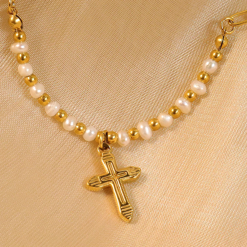 Minos New Fashion Cross Charm Necklace Stainless Steel No Fade Freshwater Pearls Beaded Necklace Dainty Gold Necklace
