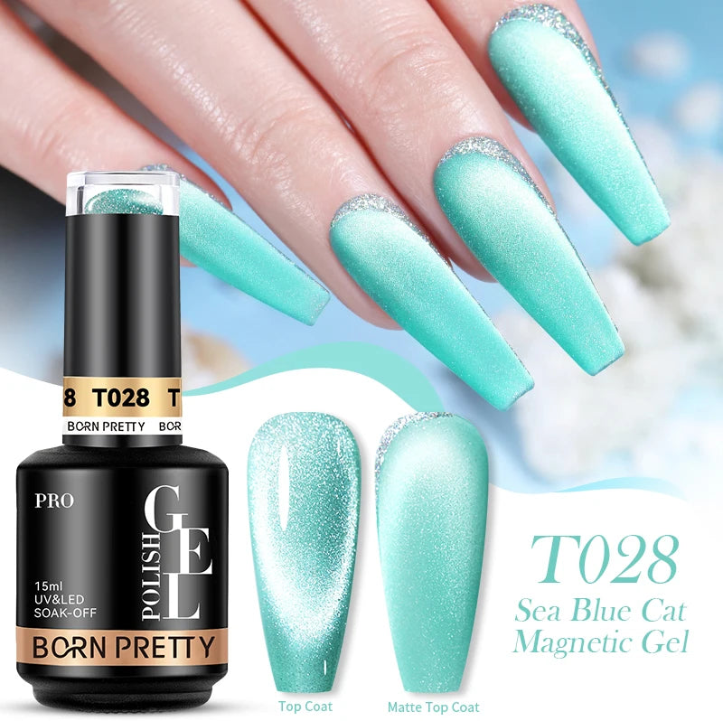 BORN PRETTY PRO 15ml Sea Blue Spirit Finish Cat Magnetic Gel Semi Permanent Sparkling Turquoise Nail Art Varnish
