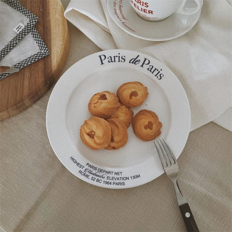 Solhui Round French Paris Retro Dessert Plate Letters Fruit Pasta Dinner Plates