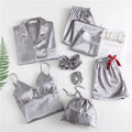 Women Silk Satin Embroider Pajamas 7pcs Long Sleeve Loungewear Pajamas Women Sleepwear PJ Sets