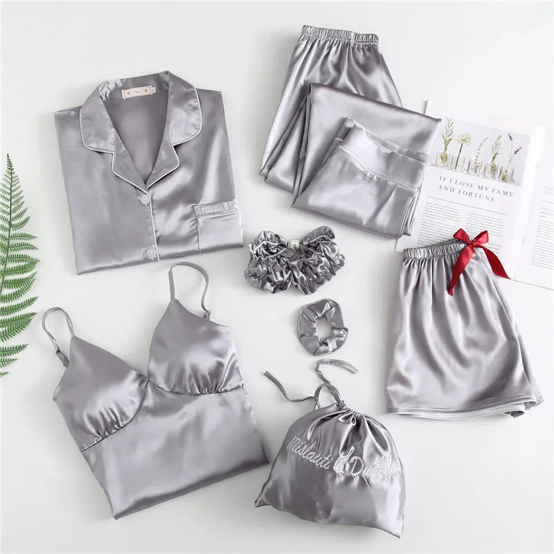 Women Silk Satin Embroider Pajamas 7pcs Long Sleeve Loungewear Pajamas Women Sleepwear PJ Sets