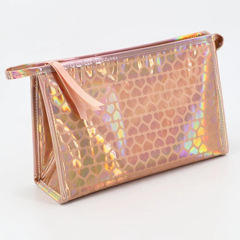 Travel PU Holographic Organizer Cosmetics Custom Makeup Bag Promotional Make up Travel Toiletry Bag PU Cosmetic Bag with Ribbon