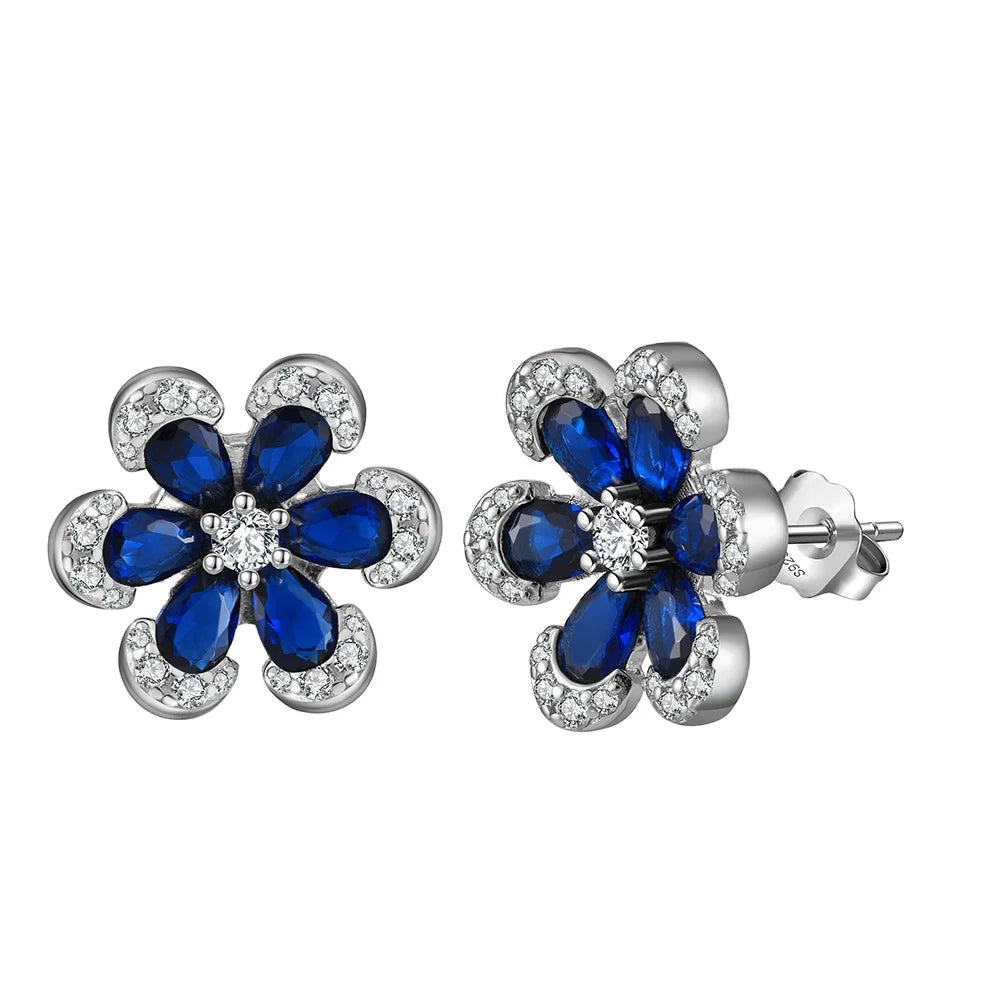 Rinntin LZE21 White Gold Finish Blue Sapphire Gemstone Flower Earrings Sterling Silver Jewelry Earrings Gift for Women