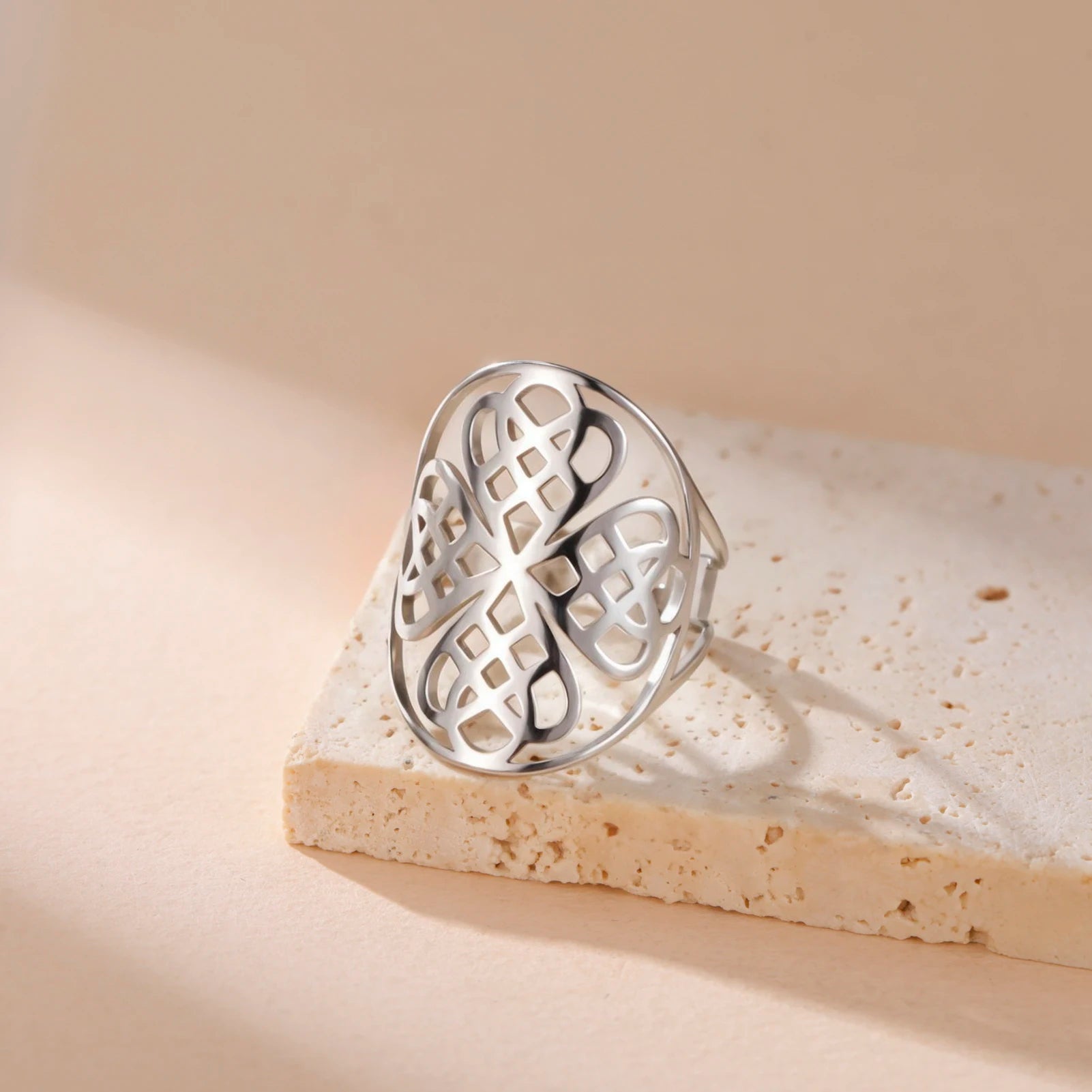 Cute Stainless Steel Heart Clover Ring Gold Plated Four Leaf Hollow Ring  Elegant Jewelry Gifts for Women Girls