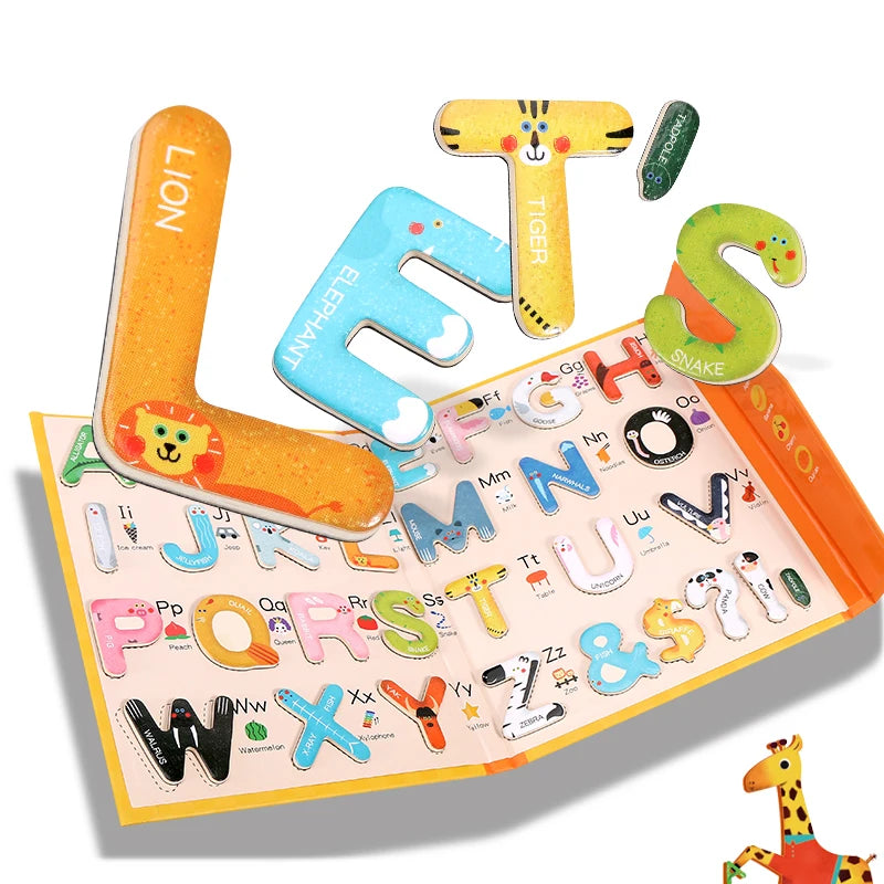Starting Point Cartoon 3D Jigsaw Puzzle Toy DIY Wooden Magnetic Letters Spelling Practice Pastable Paper Book Kids Ages 3-8