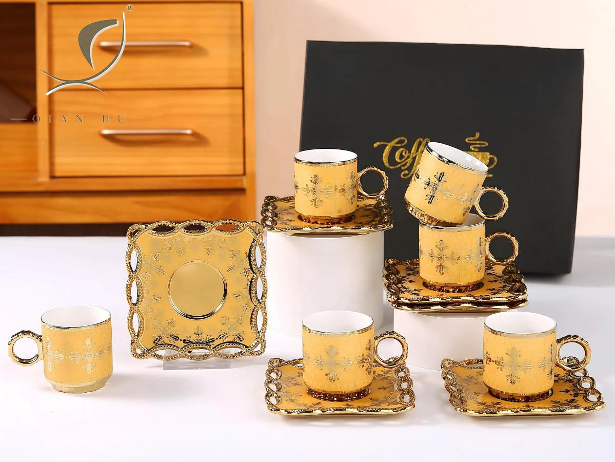 2026 Top Seller Gold Plated Turkish Coffee Set Tea Cup and Saucer Set with Elegant Gold Rim