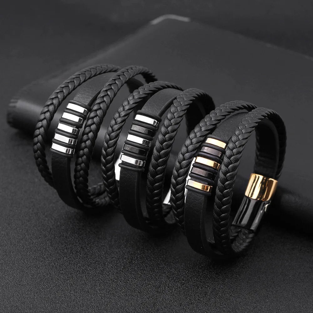 Hot Selling Stainless Steel Bracelet Multi-layer Woven Leather Bracelet for Men Jewelry Gifts