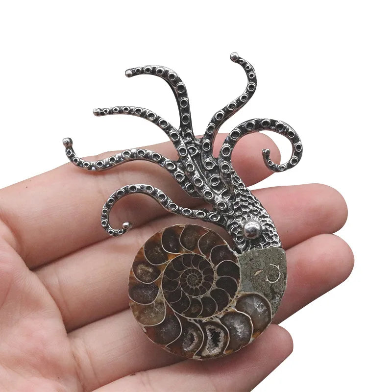 OCTOPUS Natural Conch Shell Foss Il Brooch Pin Ammonite Shell Kraken Octopus Steampunk Pin for Women Man Gift
