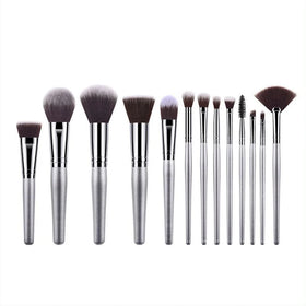 Premium Soft Synthetic 13 PCS Wood Handle Round Shape Makeup Brush Kits Silver Powder Foundation Blending Blush Face Brushes Set