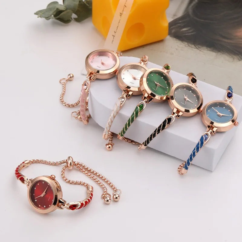 Personalized Simple Adjustable Pointer Rainbow Enamel Round Quartz Watch for Women Girls
