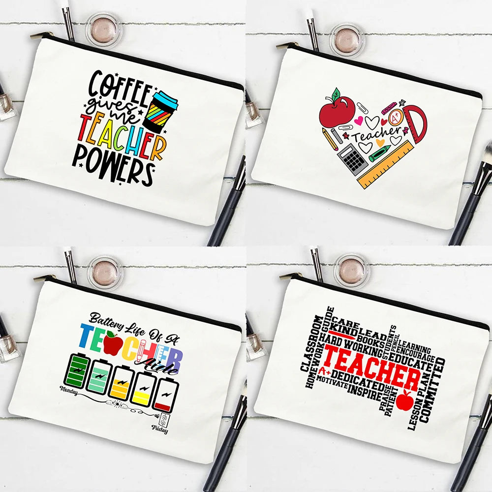Wholesale Coffee Give Me Teacher Power Women Canvas Cosmetic Bags Makeup Lipstick Teacher's Day Best Gifts Handbag