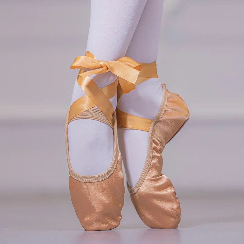 Women Breathable Ballet Shoe Ribbon Splits Shoes Satin Pointe Dance Fashion Bandage Slippers Size 23-40