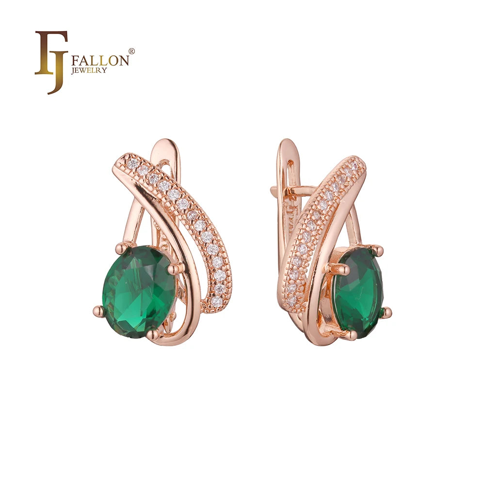 FJ Fallon Fashion Jewelry Solitaire Big Emerald CZ Earrings Plated in Rose Gold Brass Based