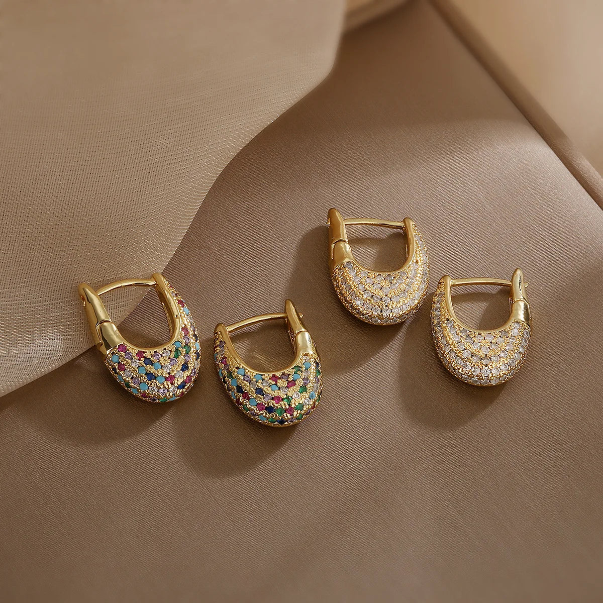 2025 Trend Light Luxury Jewelry 18k Gold Plated Brass Geometric U-shaped  Colored Zircon Hoop Earring