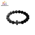 Cross Pendant Black Turquoise Bangle Cuff Bracelet Beaded Volcanic Rock Stone and Turquoise Bracelet