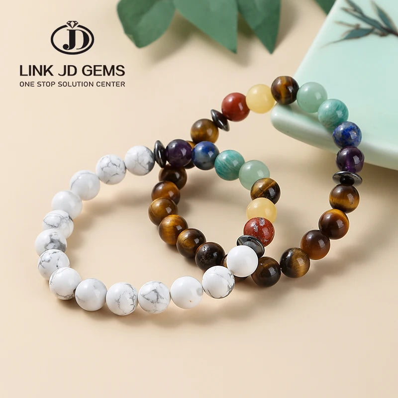 JD Men's Women's Elastic Rope Bracelet Energy Bangle Natural White Turquoises Yellow Tiger Eye Stone Seven Chakra Bracelet