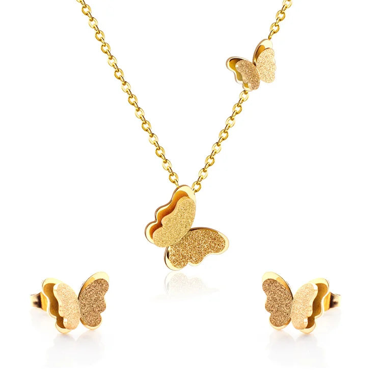 Wholesale New Simple Personality Cute Dainty 316l Stainless Steel Butterfly Stud Necklace Jewelry Set