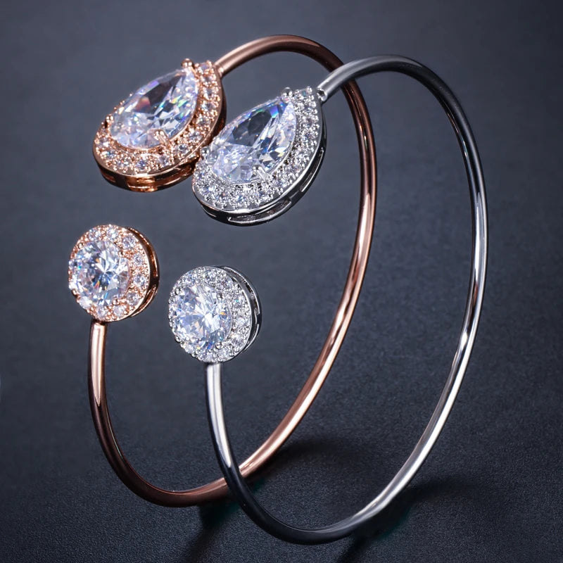Free Size Ladies Rose Gold and Silver Plated Jewelry Round Pear Cut Cubic Zirconia Crystal Fashion Thin Bangles for Woman