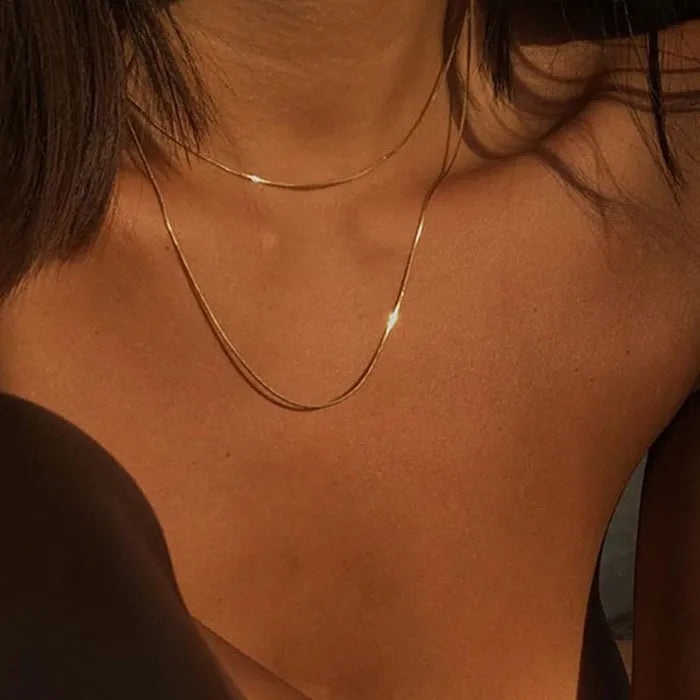 Lady Minimalist Jewelry Gold Plated Stainless Steel 2 Layered Snake Chain Necklace
