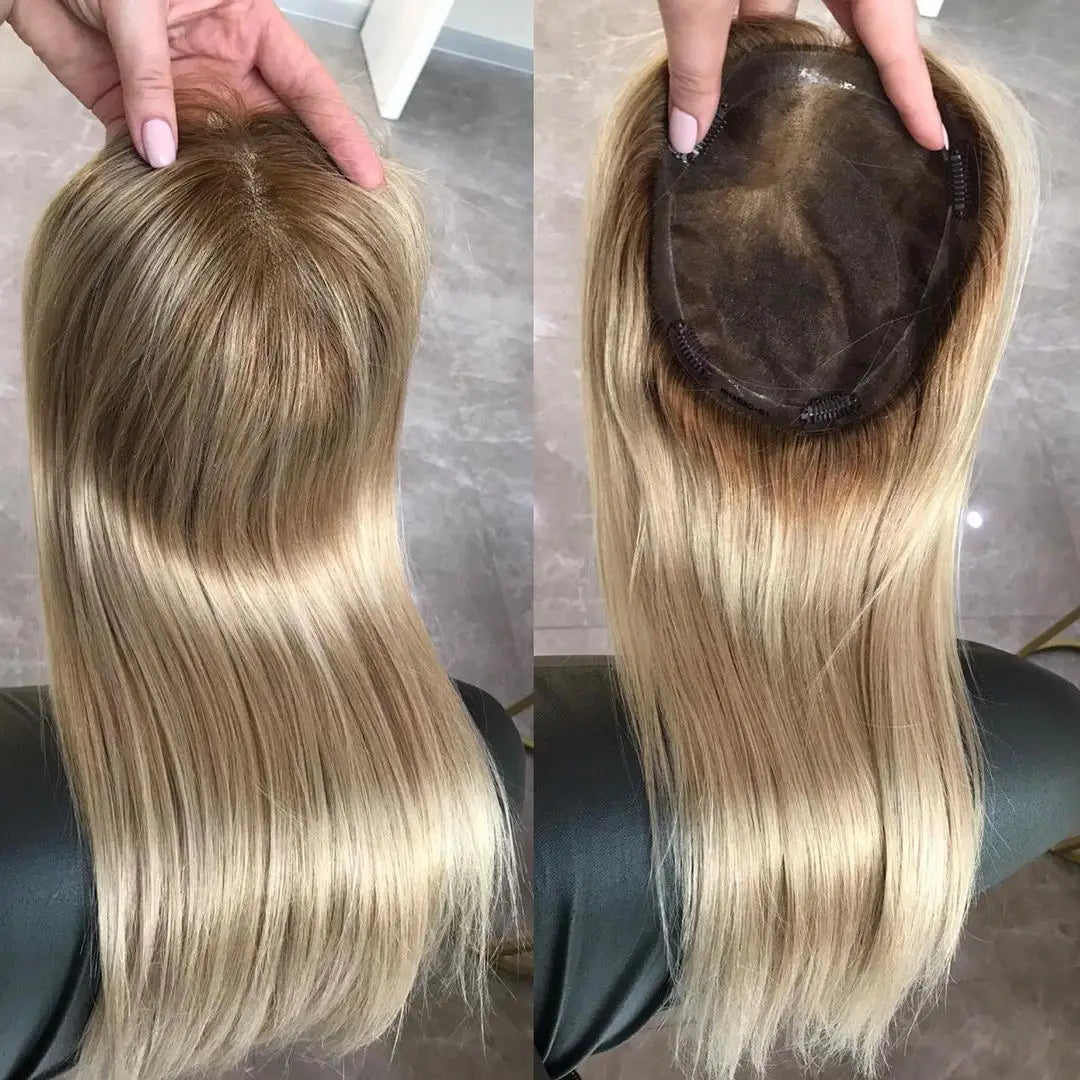 Customized European Virgin Human Hair Balayage Blonde Women Topper Mono With PU Around 5.5*6.5 Clip in Hair Piece