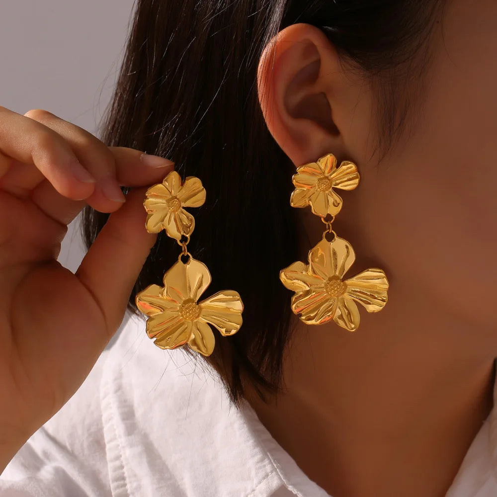 YF3761 Retro Stainless Steel Jewelry 18k Gold Plated Decoration Two Layers Textured Flower Splicing Design Women Earrings