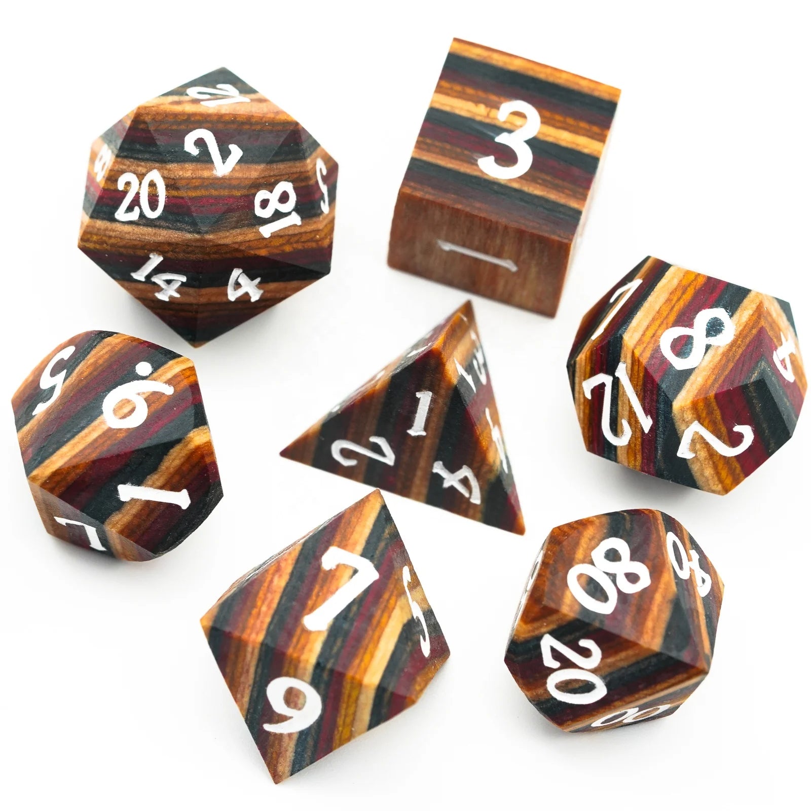 Udixi Wooden Polyhedral 7 PCs Dungeons and Dragons Dungeons and Dragons Dice Set Brown Stripe
