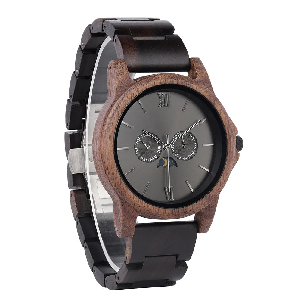 Wholesale OEM/ODM Custom Logo Luxury Sport & Fashion Quartz Chronograph Movement Moon Phase Men Wood Watches SEIKO Movement