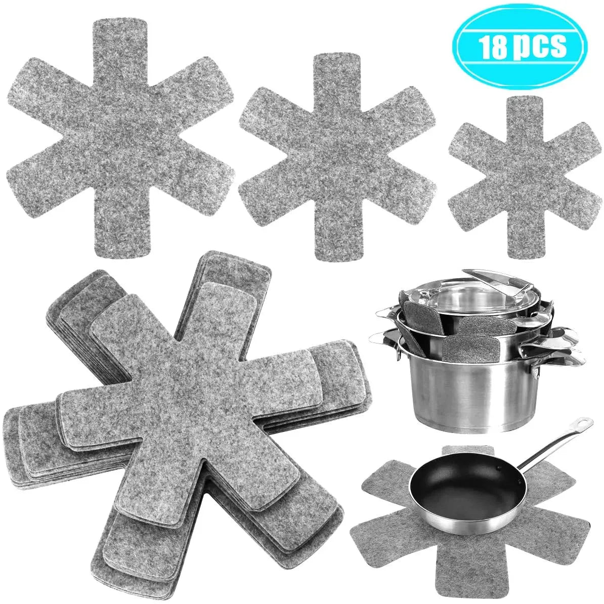 18 Pack 3 Different Sizes Grey Pot and Pan Cookware Divider Protectors Pads Separator Avoid Scratching and Marring