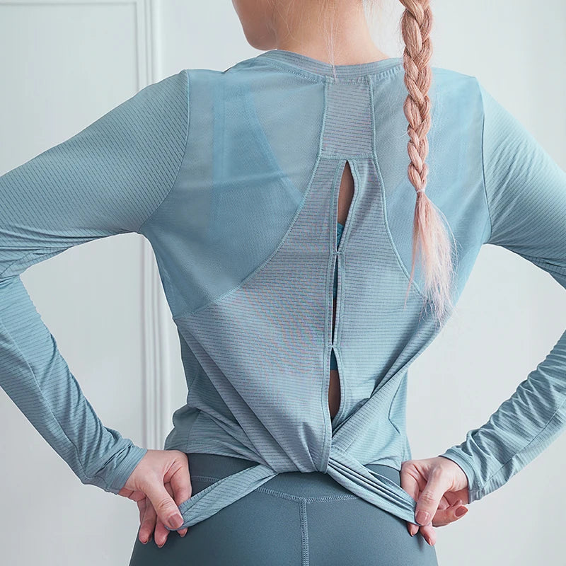 Women Mesh Splicing Moisture Wicking Gym Workout Running Shirts Breathable Open Back Long Sleeve Yoga Tops