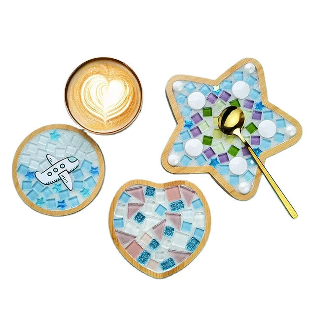 Wholesale DIY Handmade Mosaic Bamboo Coaster Kit Sustainable Wooden Material Vintage Pattern Design Kids Woodworking Table Usage