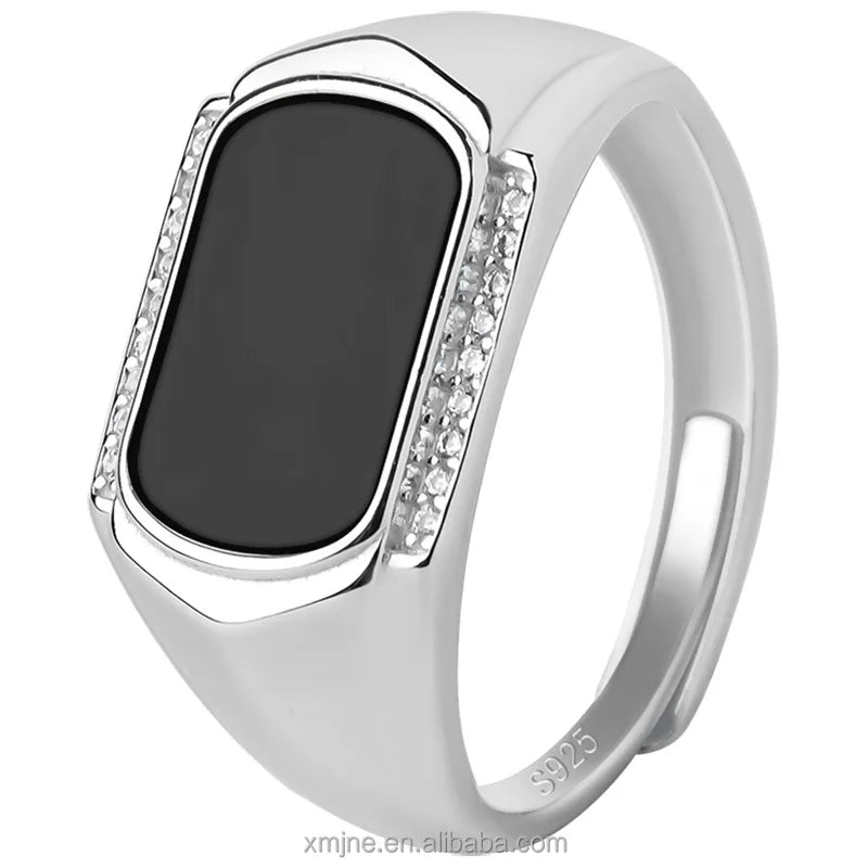 S925 Silver Inlaid Natural Ink Jade Grade a Jadeite Ink Jade Saddle Ring Men's Ring Jade Fashion Ring Adjustable 3