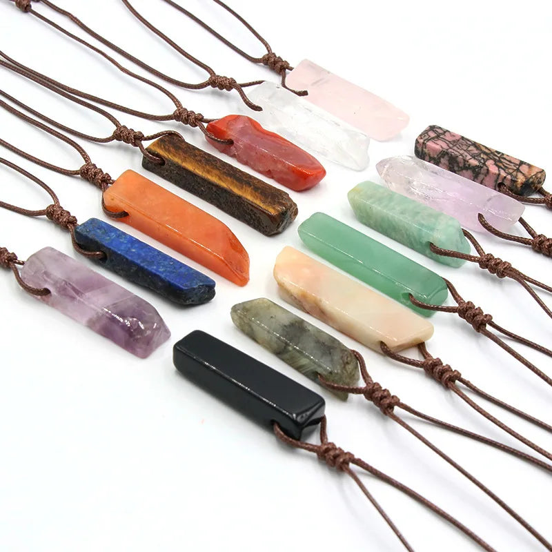 Handmade Bohemian Style Knotted Waxed Rope Irregular Shape Natural Stone Rose Quartz Bar Charm Pendant Necklace
