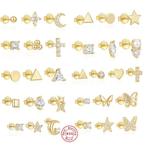 Fashion Jewelry Earrings 925 Silver Single Earring Zircon Gold Plated Flower Moon Star Charms Gold Plated Stud Earrings Women