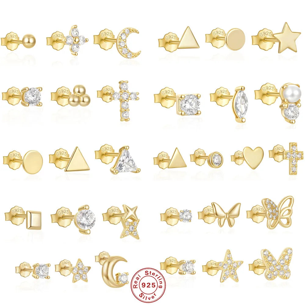 Fashion Jewelry Earrings 925 Silver Single Earring Zircon Gold Plated Flower Moon Star Charms Gold Plated Stud Earrings Women