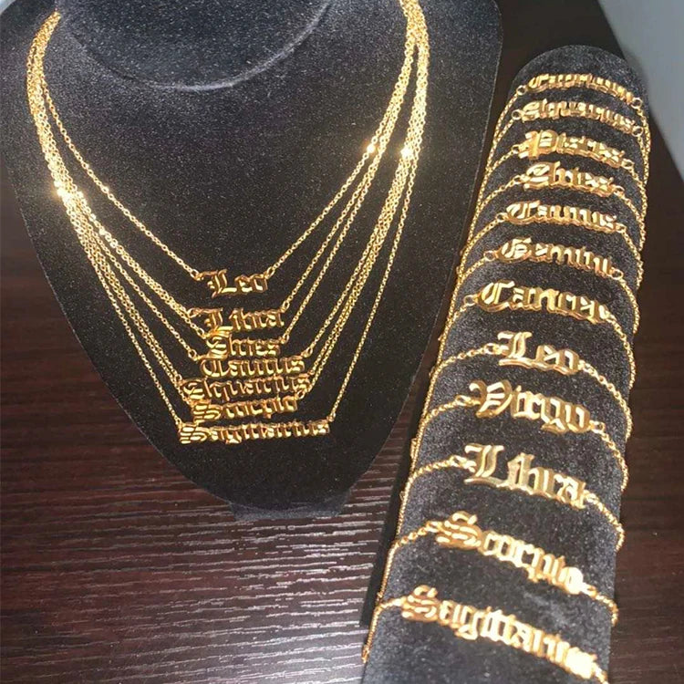 Stainless Steel Gold Plated Chinese Zodiac Sign Pendant Bracelet Necklace Jewelry Set MegaBDM