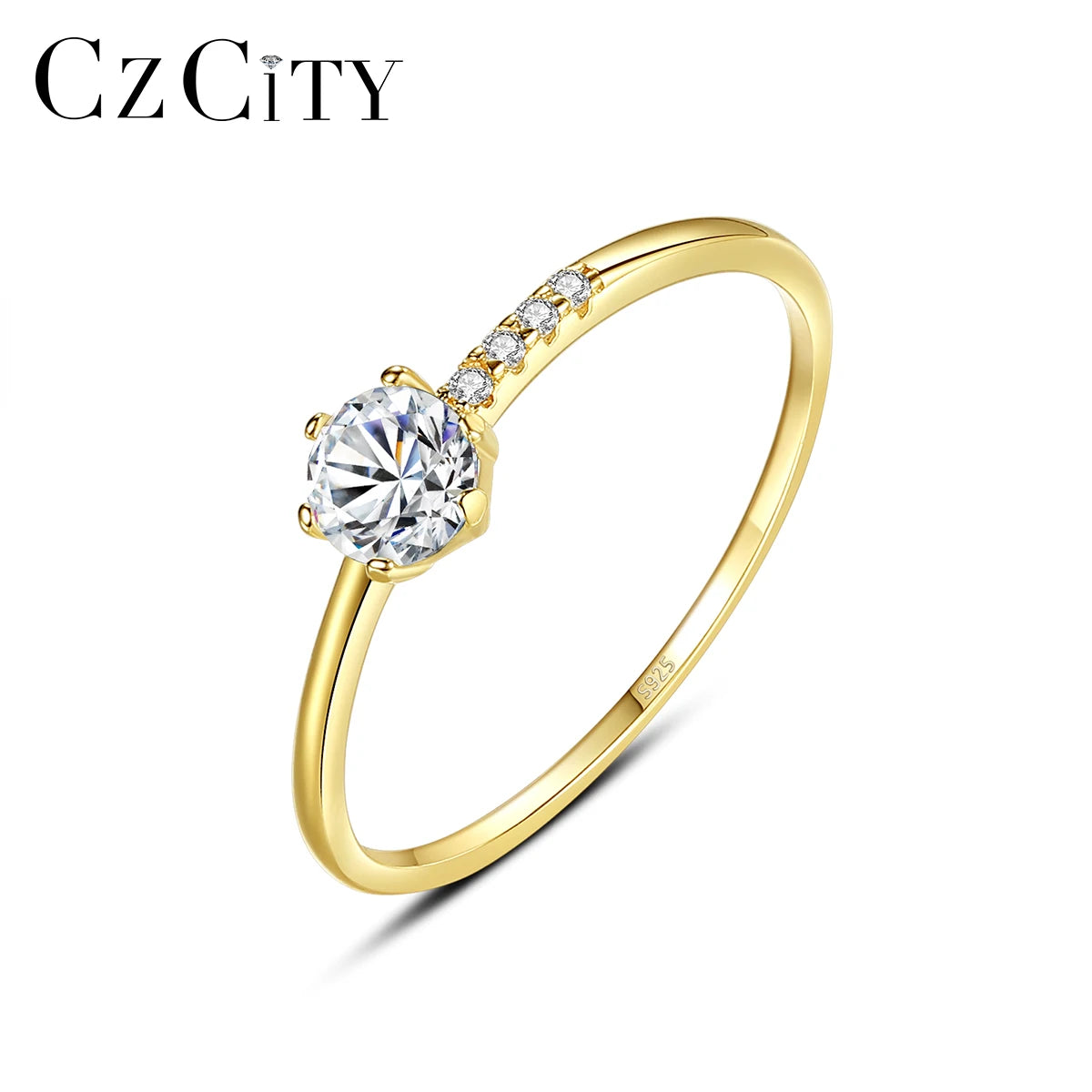 CZCITY 14K Gold Plated Silver Cubic Zirconia Diamond Engagement Ring 925 Sterling Wedding Rings for Women Jewelry