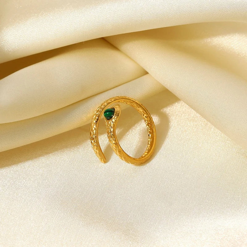 Waterproof 18k Gold Plated Stainless Steel Snake Jewelry Gift Cheap Charm Malachite Cobra Opening Rings For Women