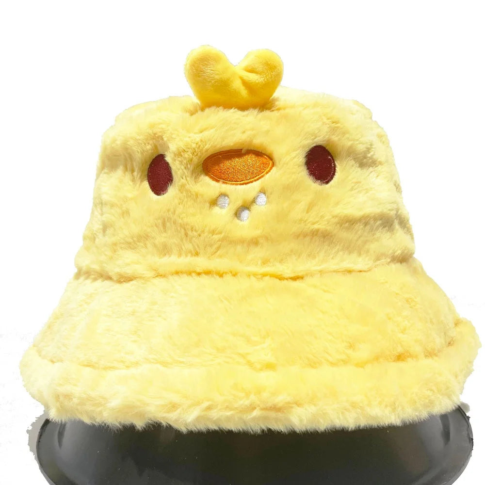 Winter Warm 3D Cartoon Chicken Embroidery Fashion Designer Anime Fluffy Faux Fur Bucket Hats