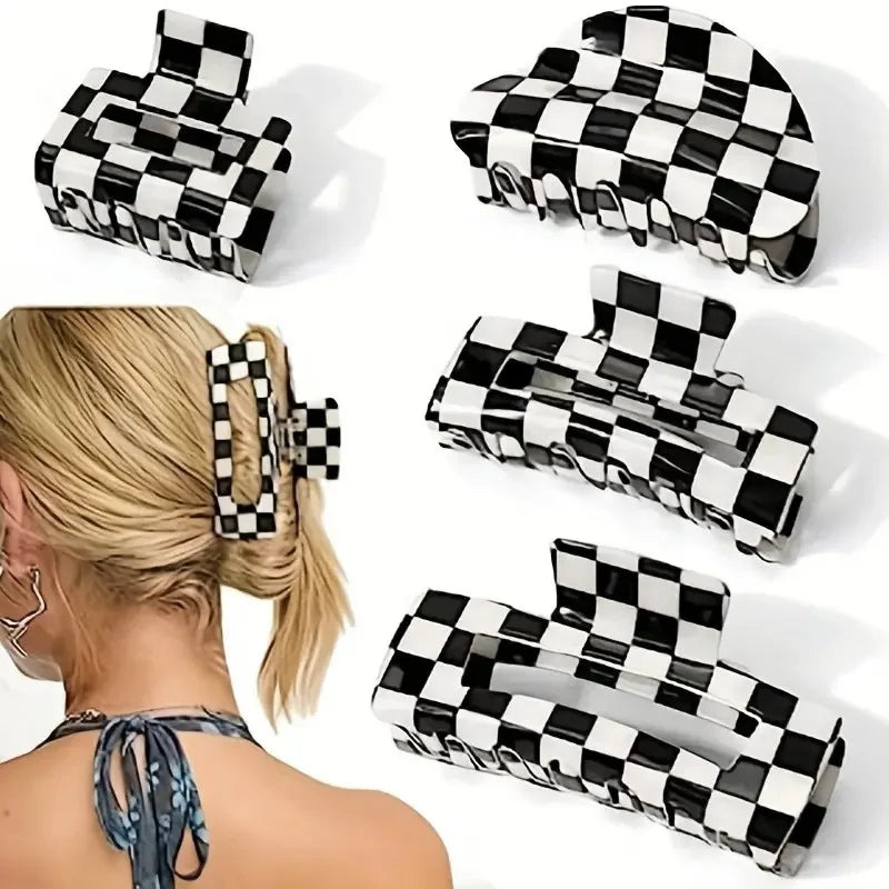 KUACHI Custom New Design Hair Claws Black and White Checkered Hair Claw Fashion Acrylic Square Hair Claws for Women