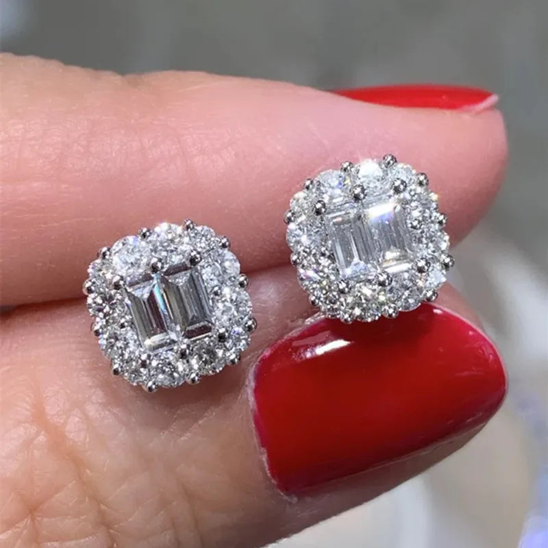 CAOSHI New Square Shaped Sparkling Crystal Cubic Zirconia Earring for Geometric Design Silver Plated Stud Earrings Women Wedding