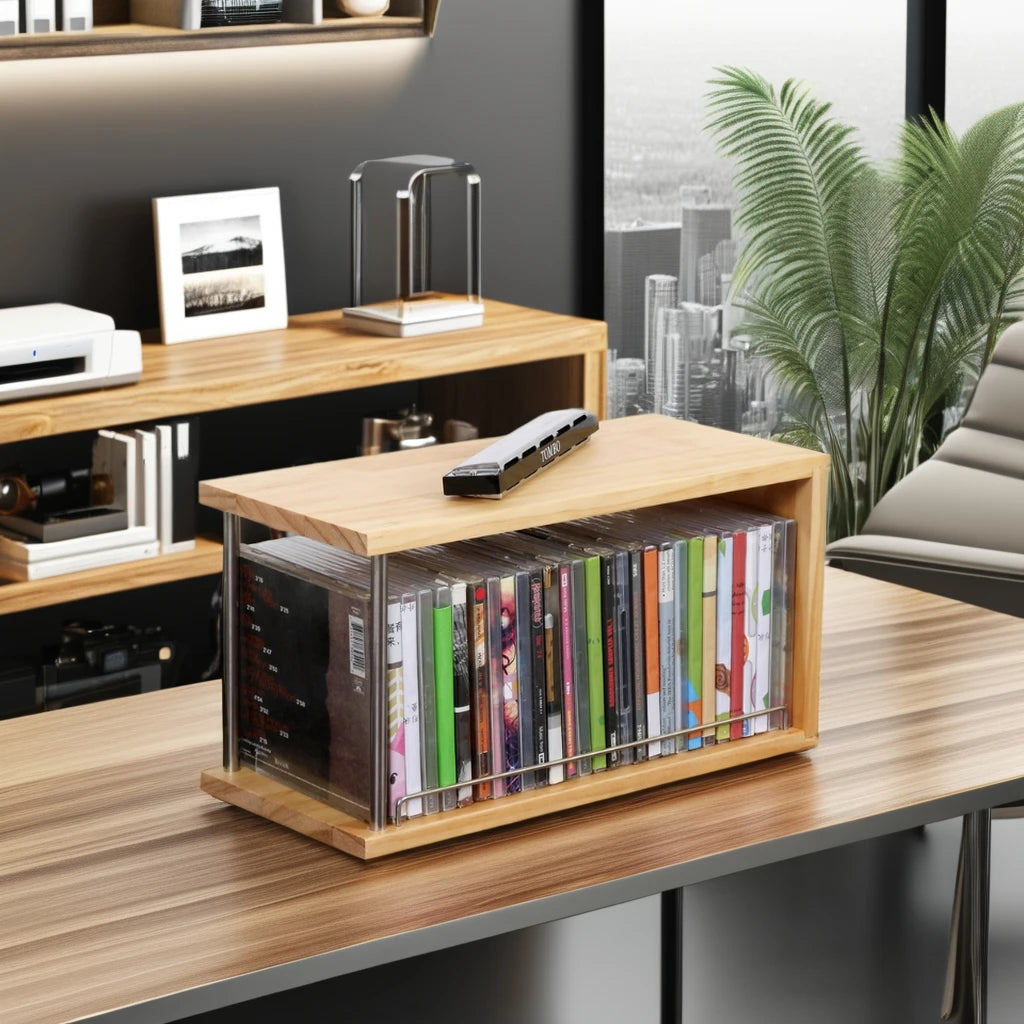Solid Wood Desktop CD Storage Rack with Single Tier Display for Disc Collection PS4 Game & CD Rack Made From Durable Bamboo