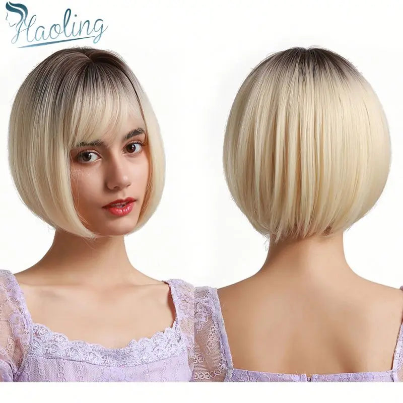 HAOLING Bob Short Synthetic Hair Wigs for Women Ombre Brown Blonde Wig with Bangs Straight Wig