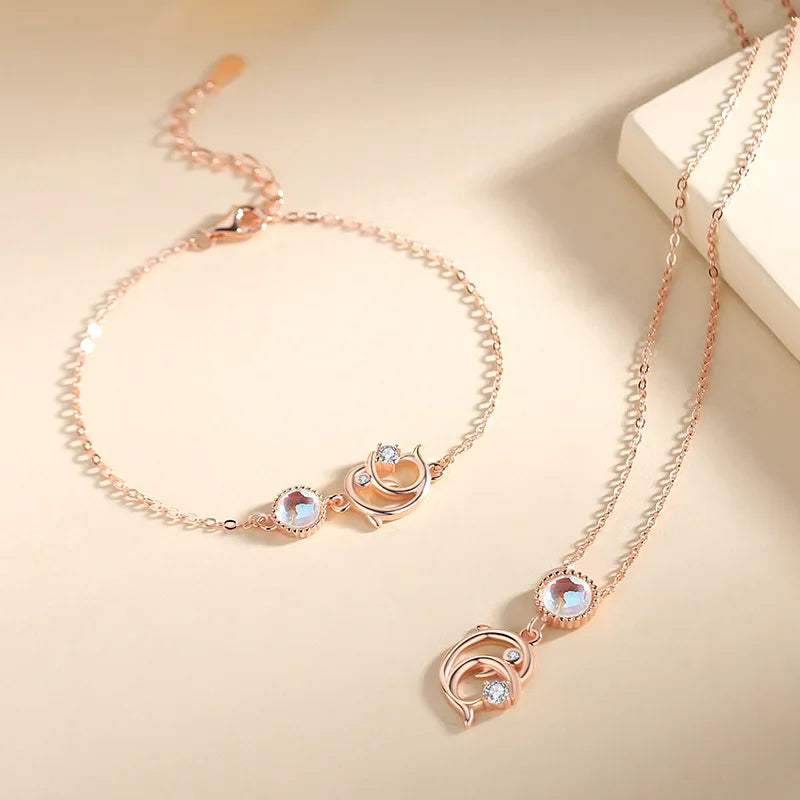 Korean Diamond Animal Bracelet Girl Wedding Jewelry Ins S925 Sterling Silver Adjustable Cross Chain Moonstone Dolphin Bracelet