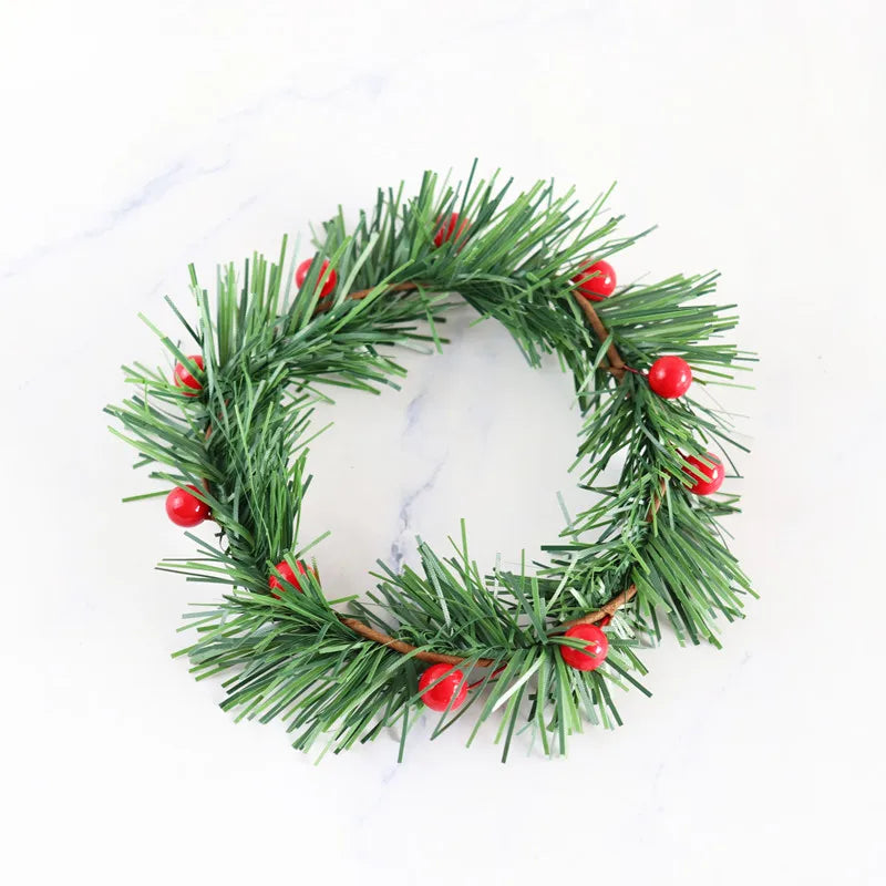 Green PVC Pine Needles Red Berry Christmas Decoration 10cm Candle Ring