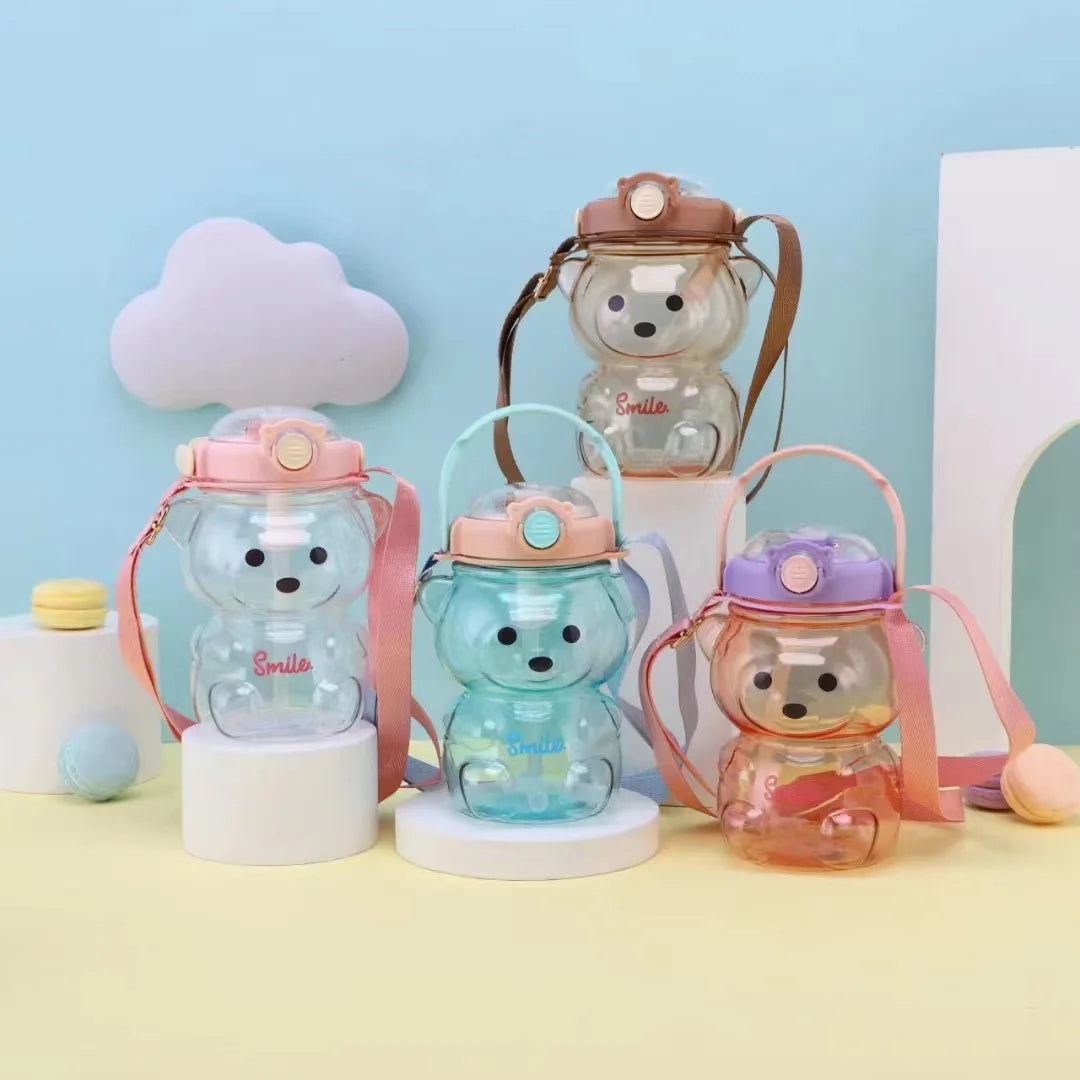 Hot Selling Creative Cute Cartoon Portable Kawaii Bears Children's Students Bpa Free Reusable Plastic Water Bottles with Straw