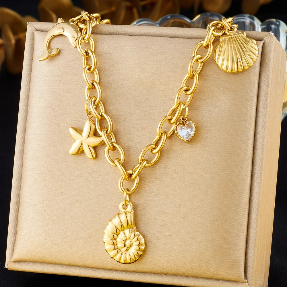 Stainless Steel Non Tarnish Conch Pendant Necklace 18k Gold Plated Thick Chain Dolphins Shells Starfish Charm Necklace Jewelry
