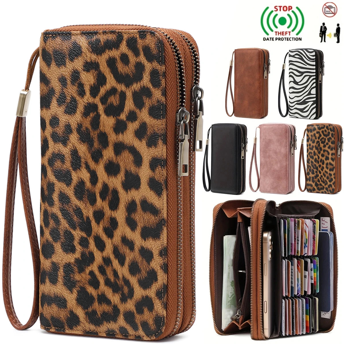 Retro Leopard Print Women's Clutch Purse RFID Large Capacity Credit Card Holder Multifunctional Double-layer Zipper Long Wallet MegaBDM