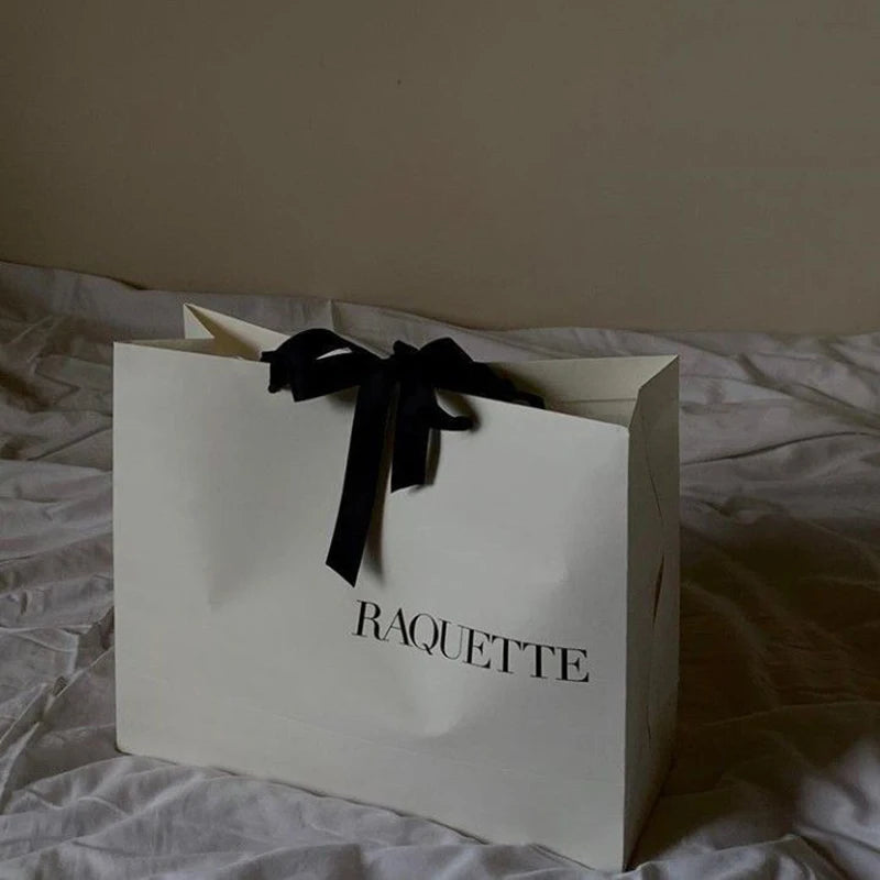Packaging Fancy Custom logo Printing Grey Beaded Clothing Ribbon Shopping Boutique Luxury Paper Bag