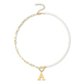 Gold Plated Paperclip Link Chain Necklace OT Buckle Dainty Pearl Chain Initial Letter Pendant Necklaces for Women